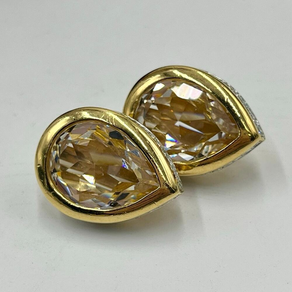 Vintage Pear Cut Faceted Crystal Pave Sides Gold Tone Clip on earrings